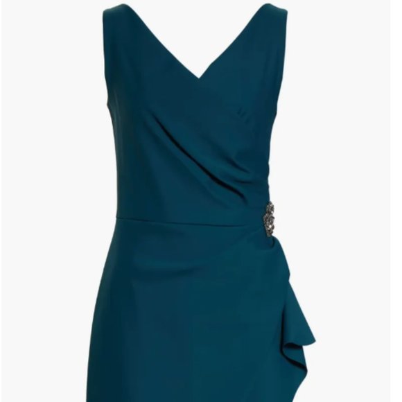 ALEX EVENInGS EMBELLISHED RUCHED SIDE DEEP TEAL SHEATH DRESS sz 6 - Picture 2 of 4